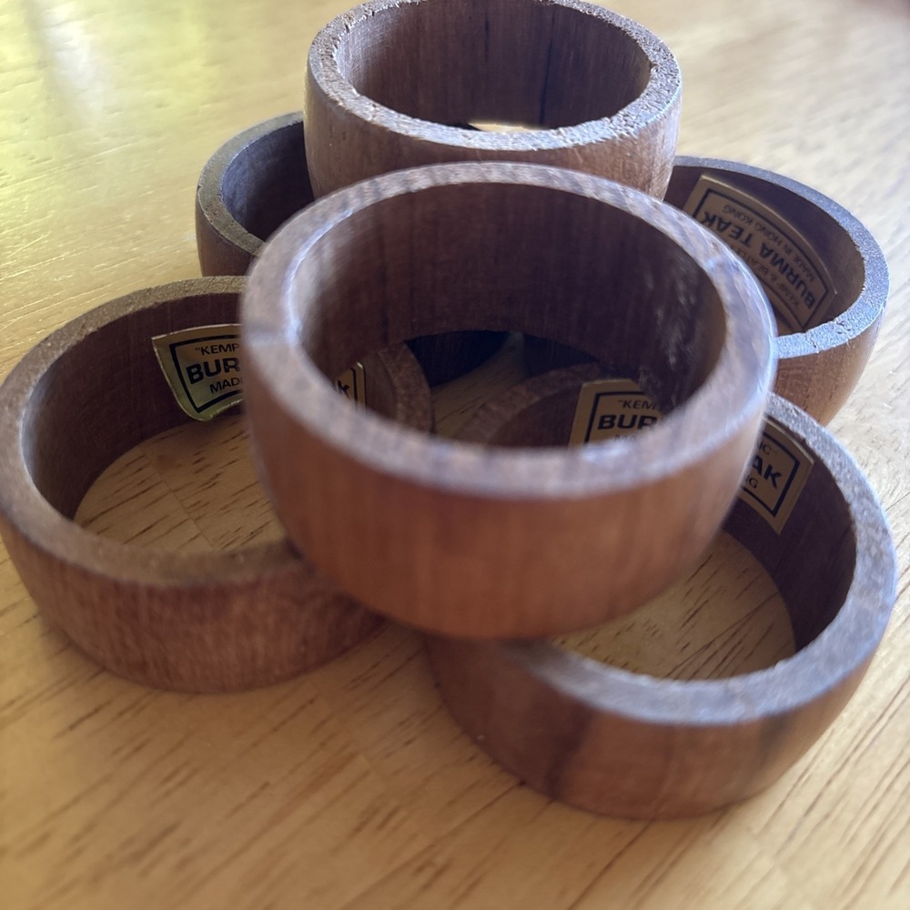 Kemp & Beatley Inc. 6 Burma Teak Round Wood Napkin Ring Holders Vtg Hong Kong